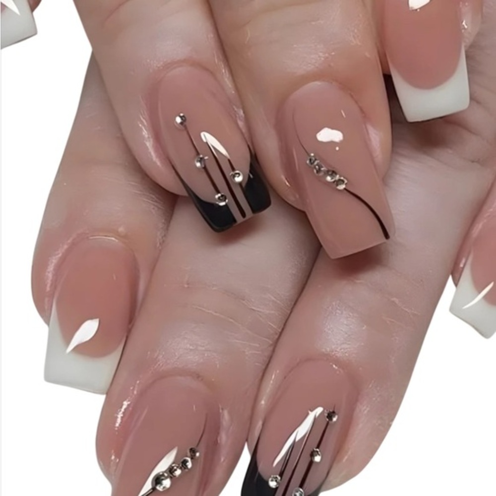 Semi-Sheer Nude Rhinestones Long Square French Style Nails